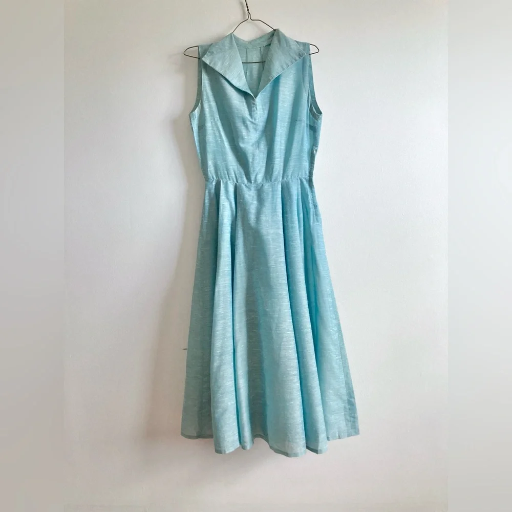 Vintage 1950s Pale Greeny Blue Sleeveless Dress with Matching Bolero - Picture 4 of 11